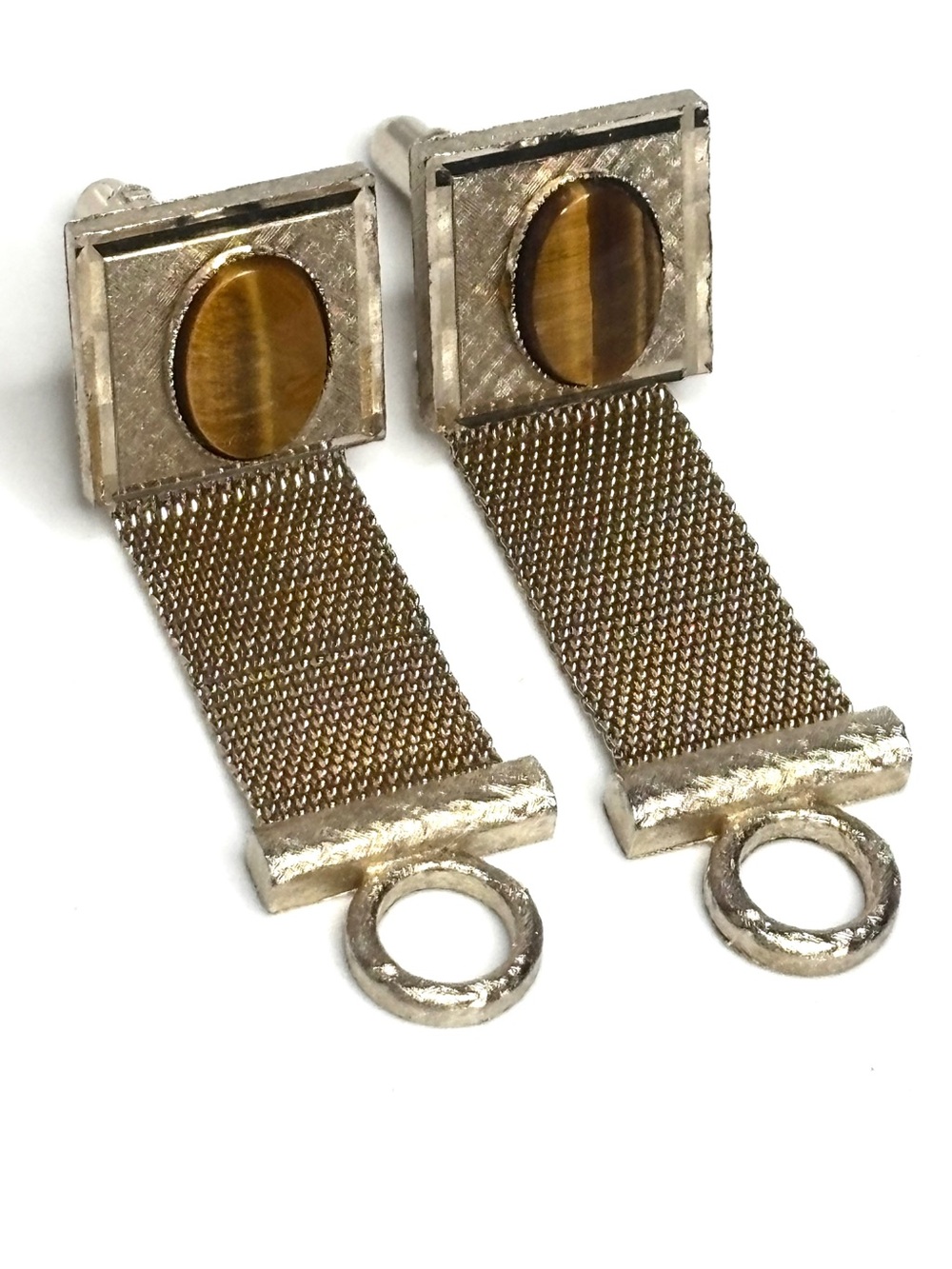 Vintage Tiger Eye Gold Tone Mesh Wrap Around Cufflinks Mid Century